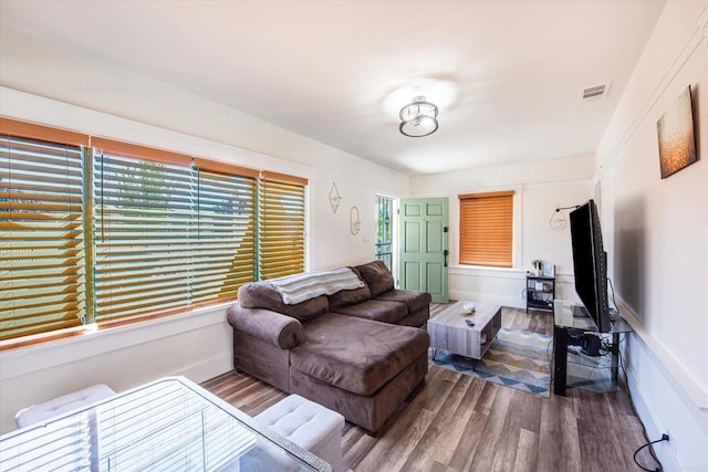 living room featuring dark wood-type flooring