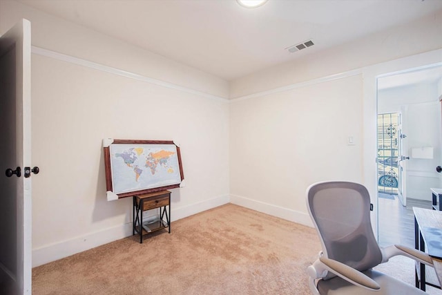 view of carpeted home office