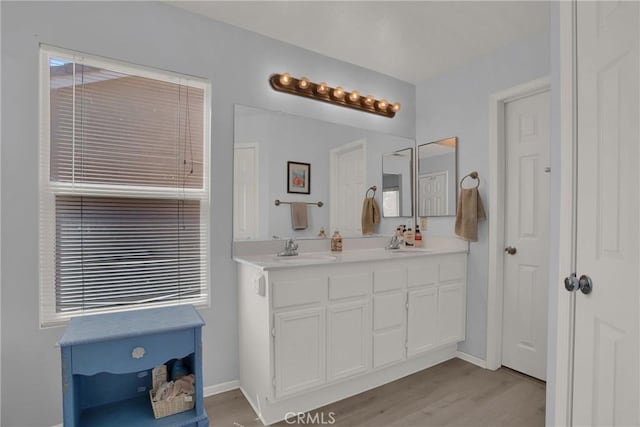 full bathroom featuring wood finished floors, double vanity, and baseboards