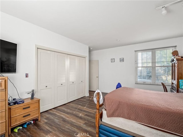 bedroom with dark hardwood / wood-style floors, a closet, and track lighting