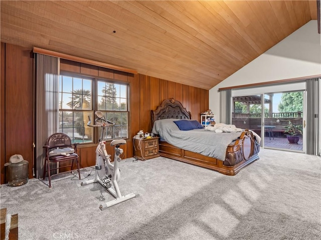 carpeted bedroom with access to outside, wooden walls, wood ceiling, and lofted ceiling