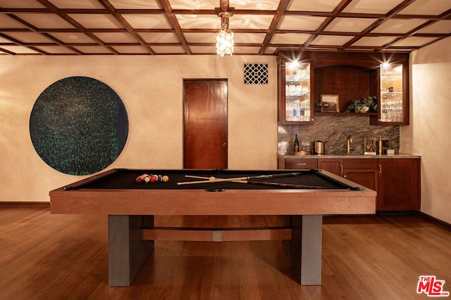 recreation room with bar area, coffered ceiling, pool table, and dark wood-type flooring