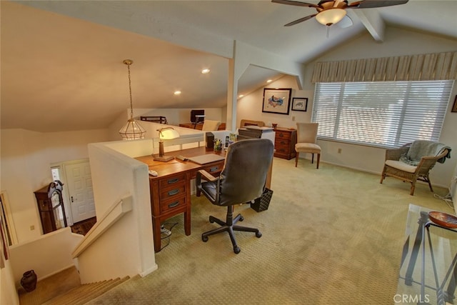 carpeted office featuring lofted ceiling with beams and ceiling fan