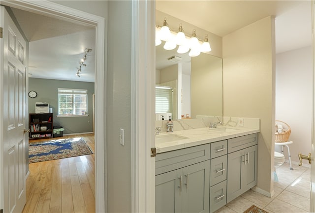 bathroom featuring wood-type flooring, a shower with door, vanity, and toilet