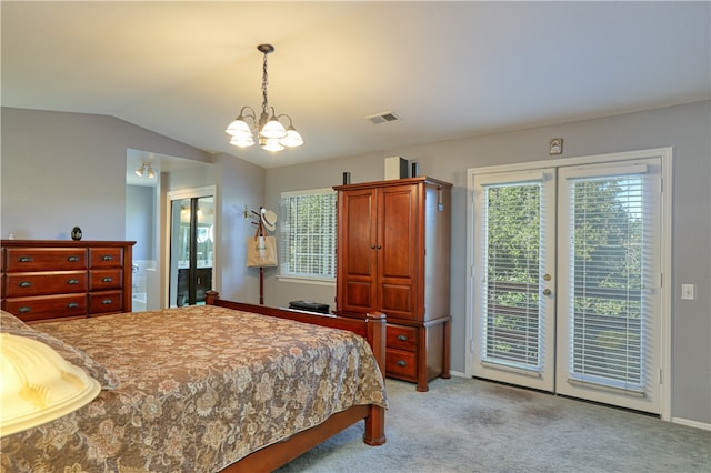 bedroom featuring light carpet, vaulted ceiling, a chandelier, and access to outside