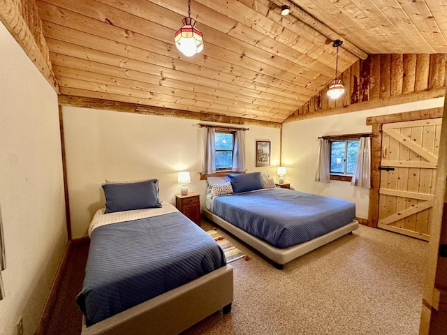 carpeted bedroom with wooden ceiling and lofted ceiling with beams