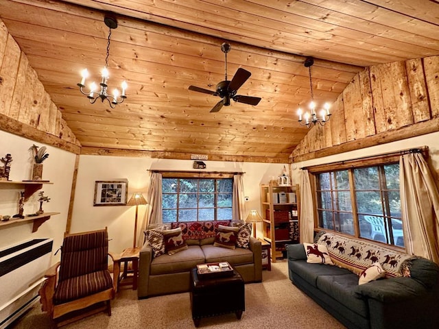 living room with wooden ceiling, ceiling fan with notable chandelier, carpet floors, and high vaulted ceiling