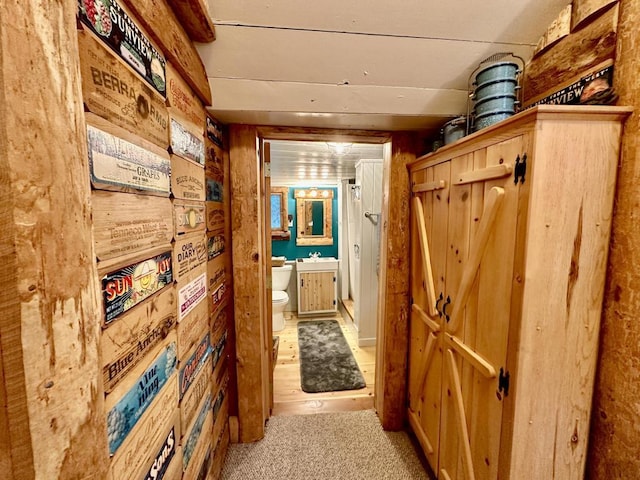 corridor featuring light colored carpet, sink, and wood walls