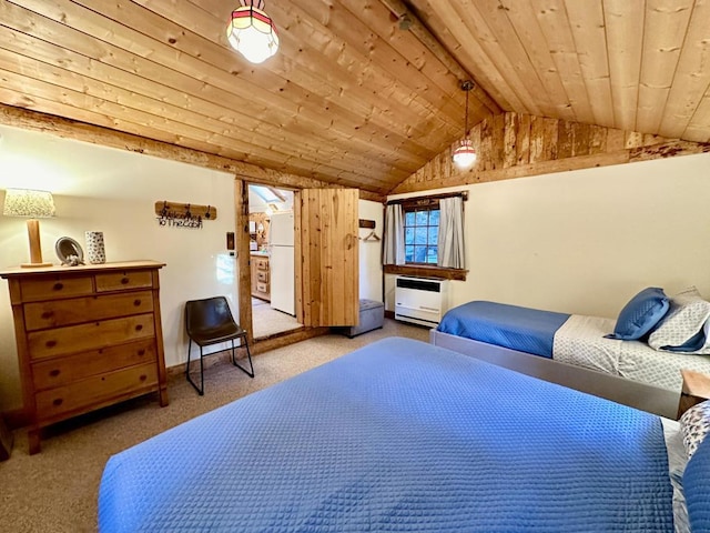 carpeted bedroom with wooden ceiling, heating unit, lofted ceiling, and white fridge