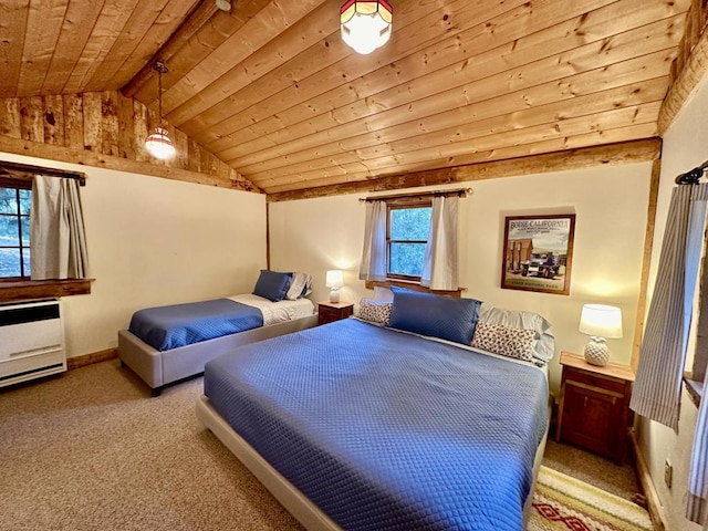 bedroom featuring light colored carpet, lofted ceiling with beams, and wooden ceiling