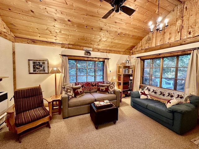 carpeted living room featuring wood ceiling, lofted ceiling, and ceiling fan with notable chandelier