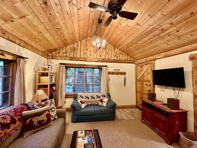 living room with lofted ceiling, ceiling fan, carpet, and wood ceiling