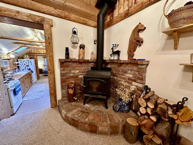 details featuring a wood stove, white appliances, sink, and carpet