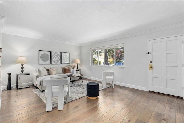 living room featuring crown molding and light hardwood / wood-style floors