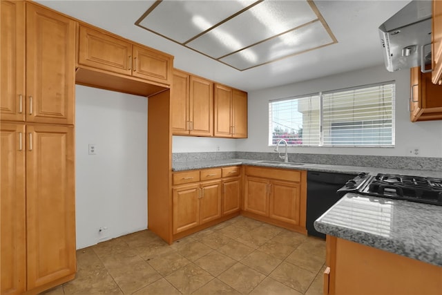 kitchen with light stone counters, sink, and black dishwasher