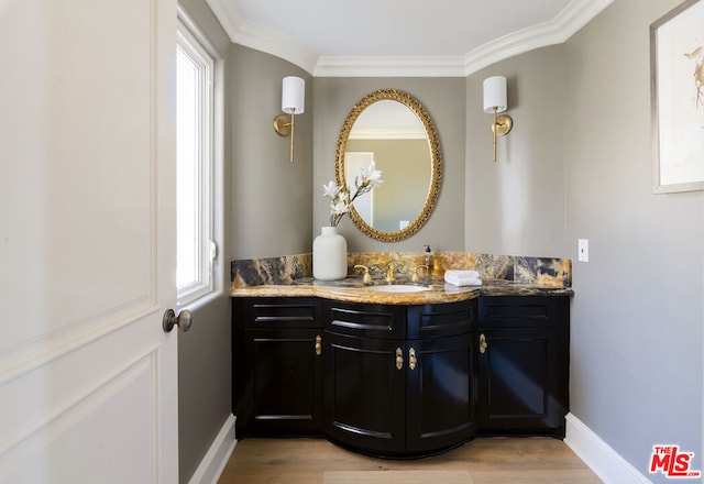 bathroom with crown molding, vanity, and hardwood / wood-style flooring