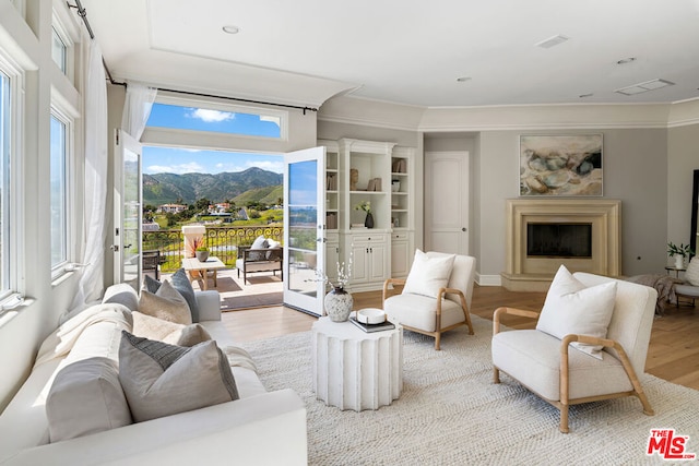 living room with ornamental molding, a mountain view, and light hardwood / wood-style flooring