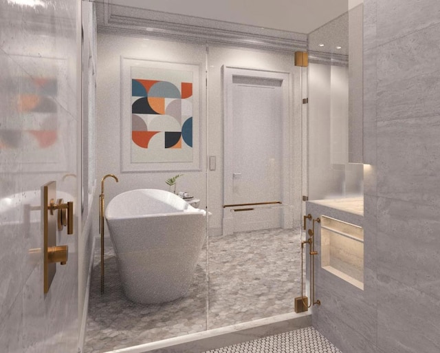 bathroom featuring tile patterned floors, a bathtub, and crown molding