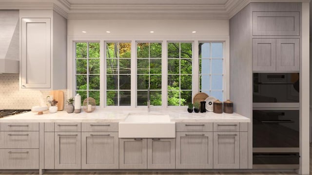 interior space with exhaust hood, sink, decorative backsplash, ornamental molding, and light stone counters