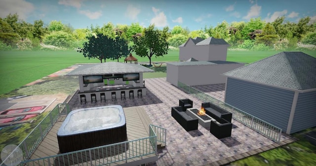 view of patio featuring an outdoor living space with a fire pit, exterior bar, and a hot tub