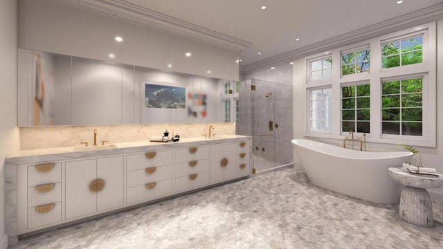 bathroom featuring decorative backsplash, vanity, separate shower and tub, and ornamental molding