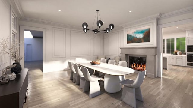 dining space with crown molding, light hardwood / wood-style floors, and an inviting chandelier