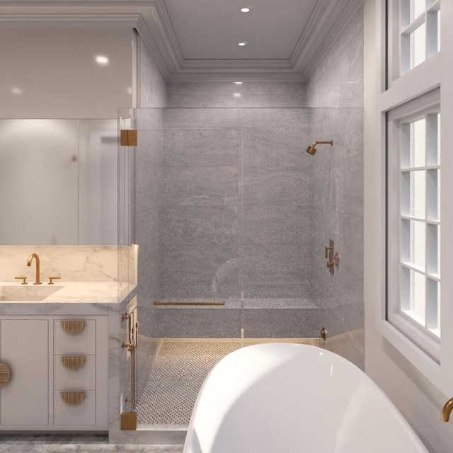 bathroom featuring vanity, a healthy amount of sunlight, shower with separate bathtub, and ornamental molding