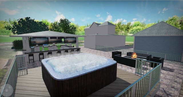 deck featuring a fire pit, an outdoor bar, and a hot tub