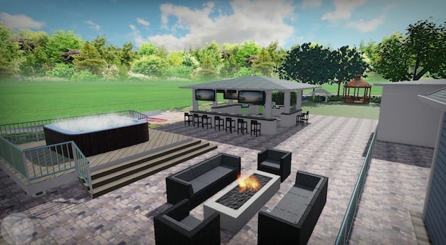 view of patio with a gazebo, a deck, an outdoor bar, and an outdoor fire pit