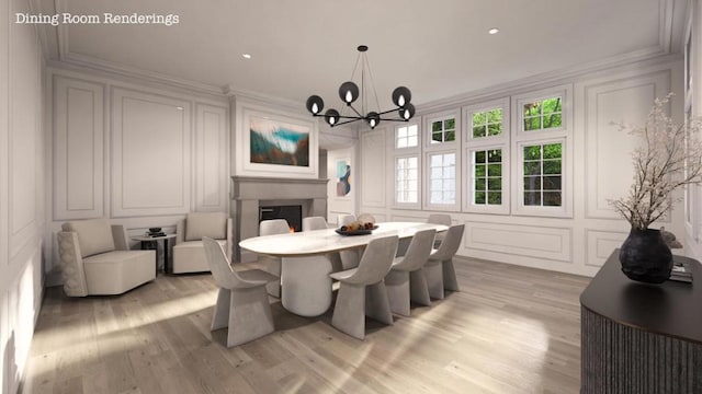 dining area featuring light wood-type flooring, crown molding, and an inviting chandelier