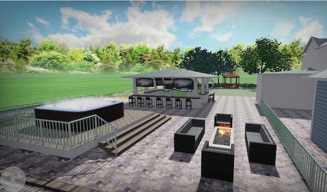 view of patio with a gazebo, an outdoor bar, and a fire pit