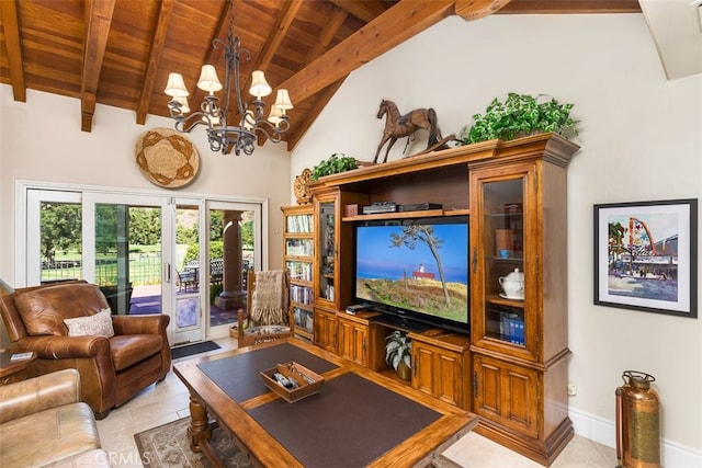 living room with beamed ceiling, light tile patterned floors, wood ceiling, and a chandelier