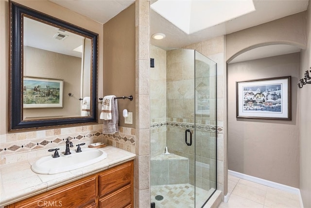 full bath featuring tile patterned floors, visible vents, a shower stall, baseboards, and vanity