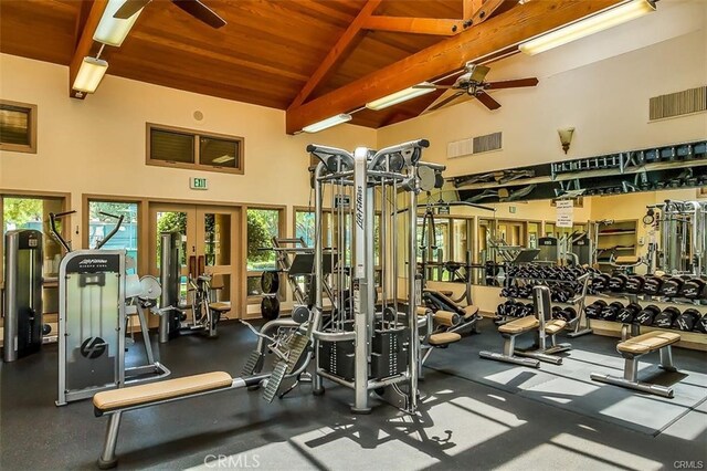 exercise room with wood ceiling, a ceiling fan, visible vents, and high vaulted ceiling