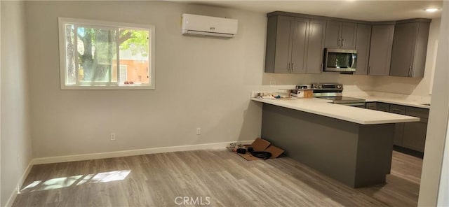 3590 Redwood St, Clearlake, CA 95422 - kitchen featuring stainless steel microwave, electric stove, a wall mounted AC, wood finished floors, and gray cabinets