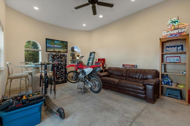 interior space featuring ceiling fan