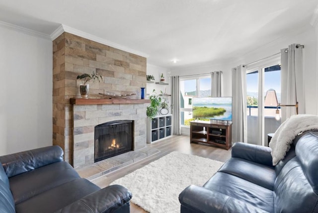 living room featuring a fireplace, light hardwood / wood-style flooring, plenty of natural light, and ornamental molding