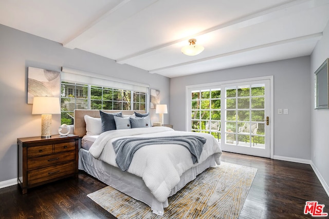 bedroom with beam ceiling, dark hardwood / wood-style flooring, access to outside, and multiple windows