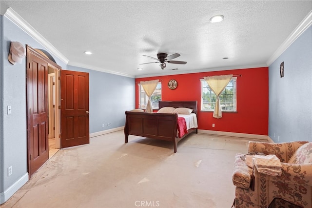 bedroom featuring light carpet, a textured ceiling, ceiling fan, and crown molding