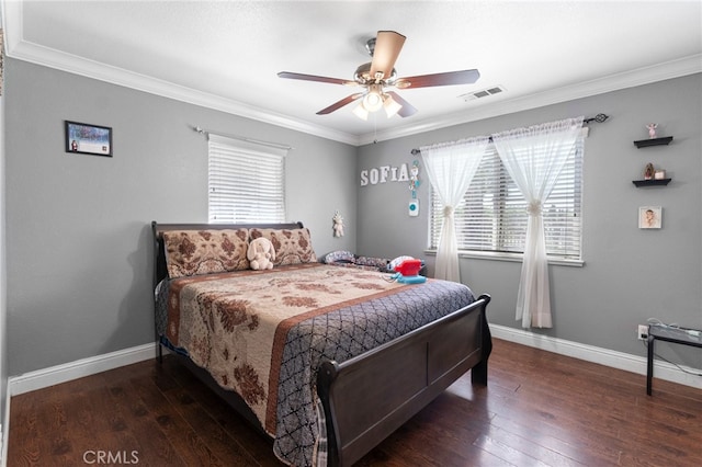 bedroom featuring ornamental molding, multiple windows, ceiling fan, and dark hardwood / wood-style flooring