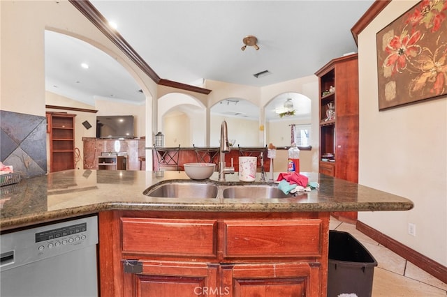 kitchen with sink, lofted ceiling, decorative backsplash, ornamental molding, and stainless steel dishwasher