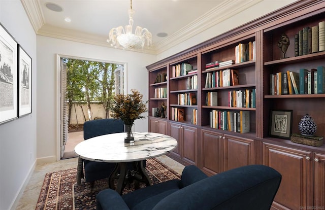 living area with ornamental molding and a chandelier