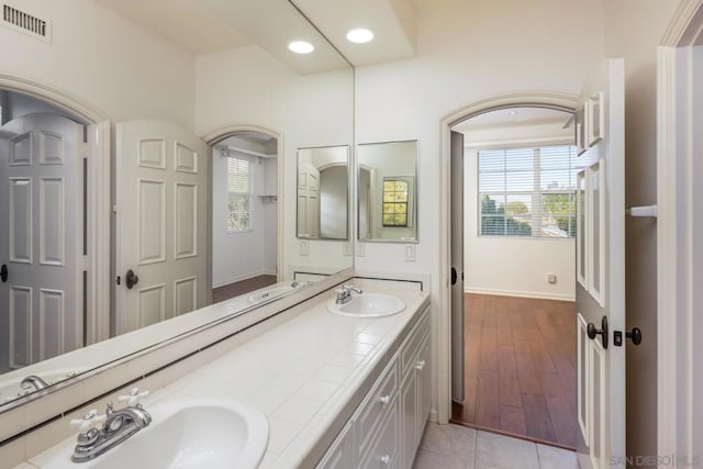 bathroom featuring wood-type flooring, vanity, and a healthy amount of sunlight