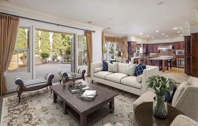 living room with crown molding