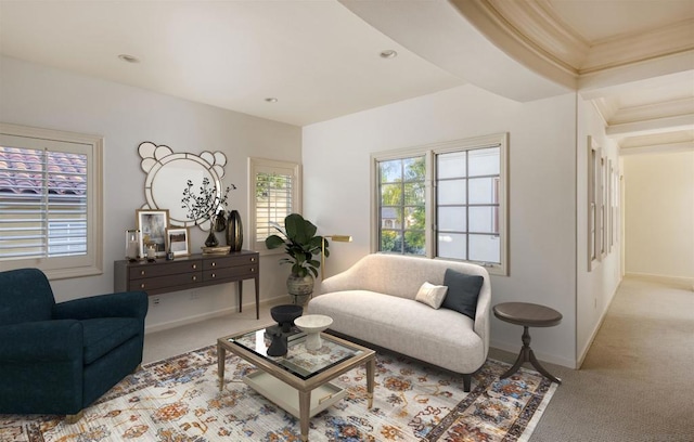 living room featuring ornamental molding and light colored carpet