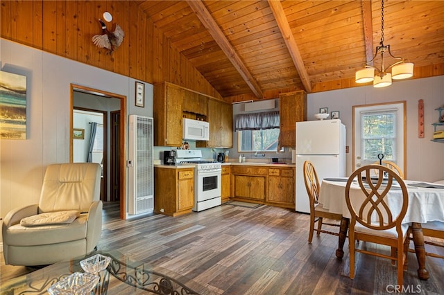 kitchen featuring wood ceiling, beamed ceiling, dark wood-type flooring, hanging light fixtures, and white appliances