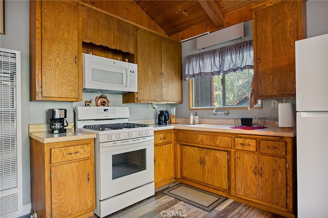 kitchen featuring dark wood-type flooring, white appliances, wooden ceiling, vaulted ceiling with beams, and sink