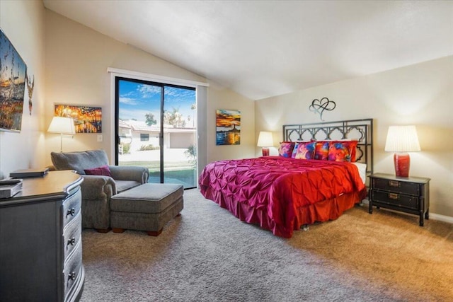 bedroom with access to outside, carpet flooring, and lofted ceiling