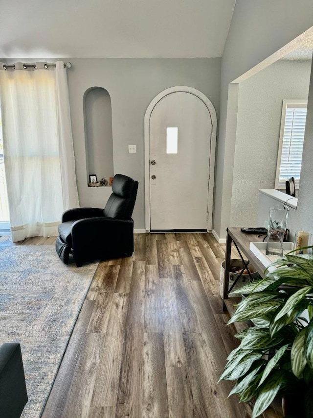 foyer with vaulted ceiling and hardwood / wood-style floors