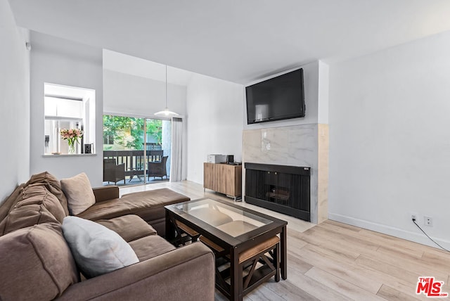 living room featuring light hardwood / wood-style flooring and a premium fireplace